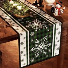 Green Buffalo Plaid Snowflakes Christmas Table Runner, Seasonal Winter 13x72"