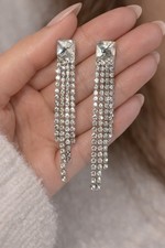 Sparkly Rhinestone Tassel Drop Earrings Silver Crystal Dangle Statement Jewelry