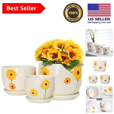 Elegant Set of 3 Sunflower Ceramic Plant Pots with Drainage Holes - 4-6 Inch