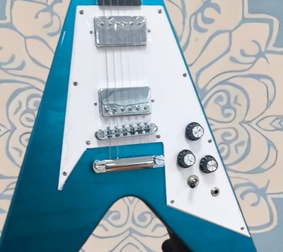 US Ship Flying V 70s Electric Guitar Blue Finish White Pickguard Silver Hardware
