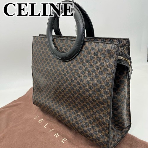 CELINE Black Macadam Pattern Circle Logo PVC Leather Handbag Auth