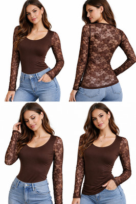 Lace Back Top Slim Fit Stretch Long Sleeve Nylon Women Spandex One Size