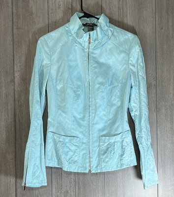 Per Se Blue Satin Shiny Full Zip Long Sleeve Jacket stand up collar