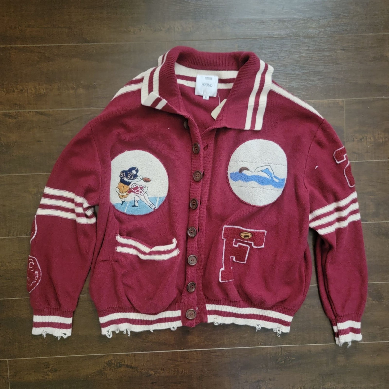 Found Varsity Patchwork Knit Cardigan Womens M Em… - image 2