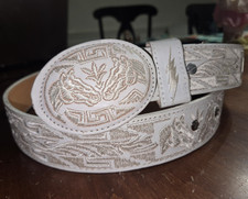 Vtg KGB Mexican Leather Belt Size 40 White Embroidered Cowboy Horse Western