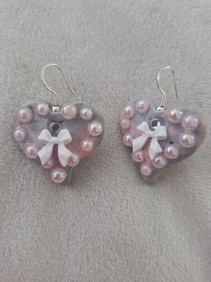 Ohrringe Ohrhänger Herzen Rosa mit Perlen Modeschmuck Neu  Ungetragen