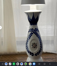 White Blue Floral Ceramic Table Lamp, Gray Drum Shade, USB Charging Switch