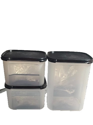 Tupperware Modular Mates SQUARE SET OF 3 CONTAINERS WITH BLACK LIDS NEW IN PKG.