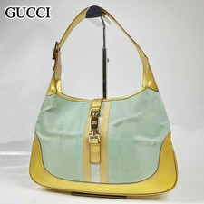 Authentic Gucci Jackie Canvas Leather Shoulder Bag Gold Light Blue Vintage