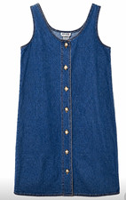 Boho VTG S Women's Blue Denim Sleeveless Button-Front Shift Dress Scoop Neck