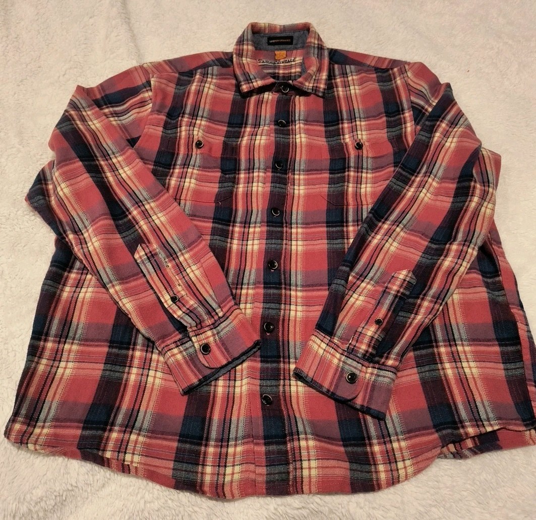 Tailor Vintage Luxe Performance Stretch Plaid Flannel Shirt Flip Cuff Denim L