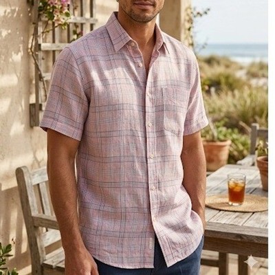 T. Harris London Mens XXL Pink Blue Plaid 100% Linen Short Sleeve Button Shirt