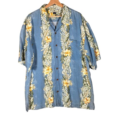 Tommy Bahama 100% Silk Shirt XL Camp Loop Collar Hawaiian Palm Leaf Hibiscus