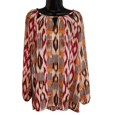Chico's Blouse Keyhole Neckline Long Sleeve Geometric Print Top Size 3