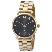 NEW MARC JACOBS BAKER POLISHED GOLD TONE, S/ STEEL,BLACK DIAL WATCH MBM3355