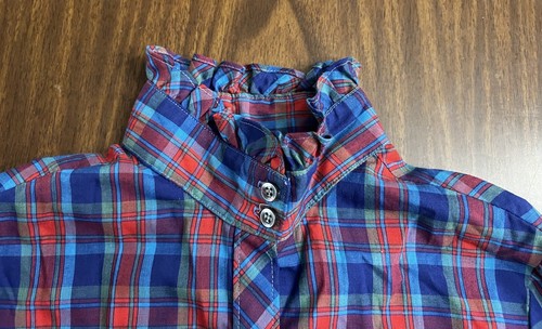 Ruffle High Mock Collar Daisy VTG Plaid Button Down Womens Sz 12 Cottage Core - Picture 4 of 6