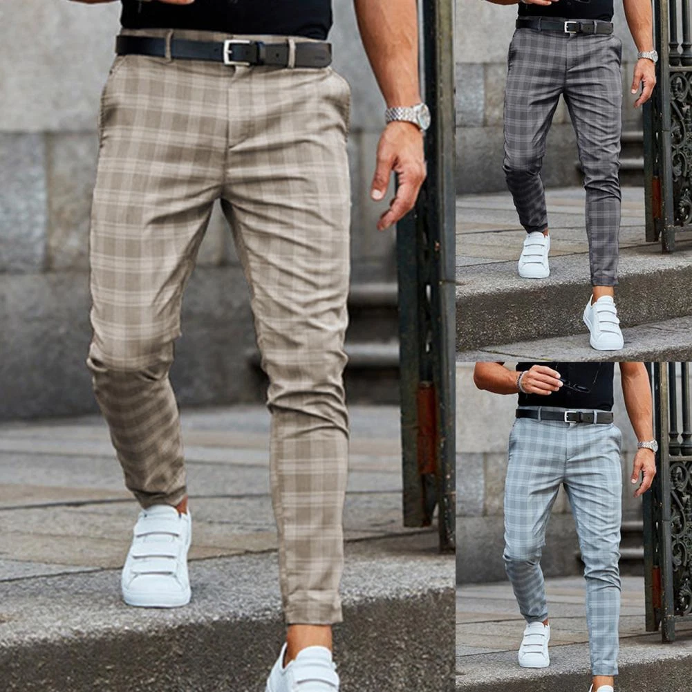 Pantalones A Cuadros Elegante De Pitillo Para Hombre Moda Largo De Media  Cintura