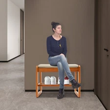 2 Tier 13.38 In Modern Shoe Storage Cherry Wood Color Shoe Bench With Cushion