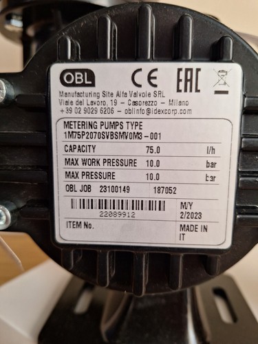 OBL Diaphragm Metering Pump 75 l/h 10 BAR 0.25Kw 3 Ph. 50/60Hz 1M75P2070SVBSMV - Picture 2 of 10