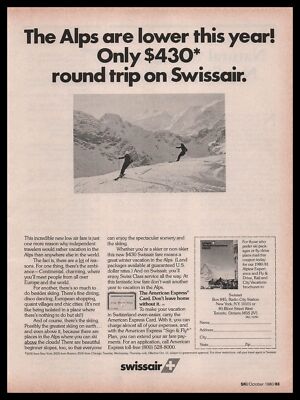 1980 SwissAir Airlines Swiss Alps Only $430 Round Trip Ski Vacation Print Ad