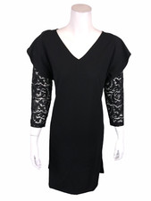 Du Jour Women V-Neck Lace Sleeves Knit Dress with Ruffle Detail Black Small Size