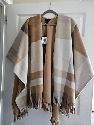 New Rachel Roy Fleece Tan Cream Shawl Poncho Fringed One Size