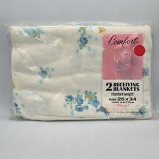 Vintage Riegel Receiving Baby Blankets Set Of 2 Cat Kitten Blue Flowers NOS NIP