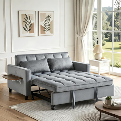 4-in-1 Convertible Sofa Bed with USB Ports & Side Table - Gray Loveseat
