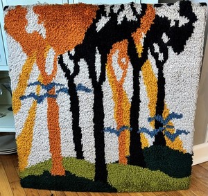 Vtg 70s/80s Latch Hook Rug Wall Hanging Sunset Birds Water 34” Groovy