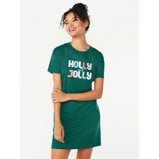 JOYSPUN Women's Nightgown L/ XL Green Holly Jolly Holiday Sleep Shirt Pockets
