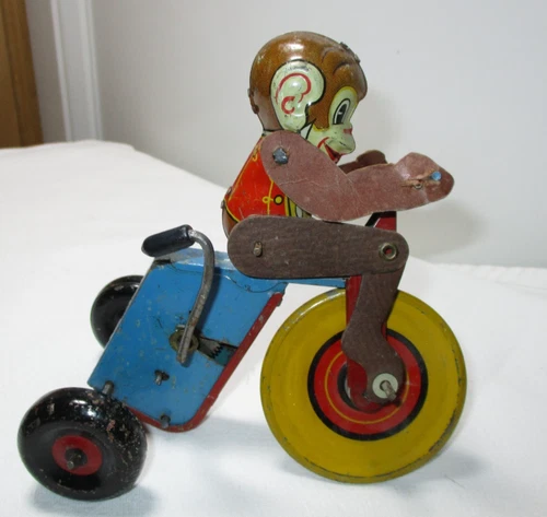 VINTAGE 1920s LOUIS MARX TOY COMPANY TIN MONKEY ON TRICYCLE LEVER  ACTIVATED TOY