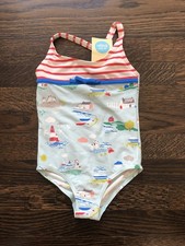 Mini Boden Girls 3-4 Swimsuit Red Stripes Beach Scene