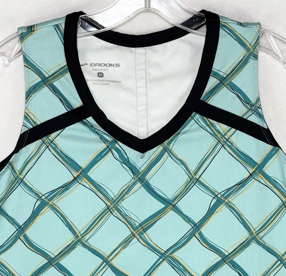 Brooks Sleeveless Performance Tank Top Women’s Medium Blue Wavy Plaid Running - Image 2 of 4