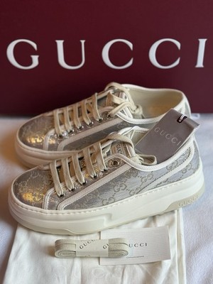 Gucci Tennis Treck GG Metallic Flatform Sneakers Sz 7 BNIB Made in Italy