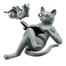 Cat Statues Garden Decor Reading Cat Ornaments Statue Cat Wearing Glasses Sculpt