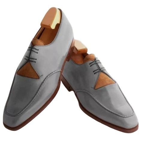 Zapatos con cordones de oficina de gamuza genuina de dos tonos grises y marrones hechos a mano para hombre