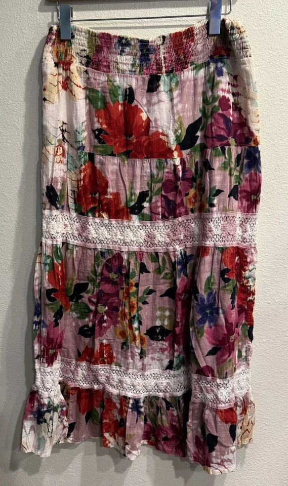 Falda Campesina Angie Pequeña Multicolor Algodón con Pliegues Encaje Cintura Reunida  Foto 2 de 4