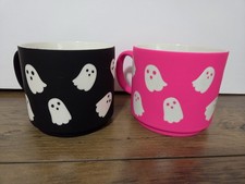 Halloween Matte Ceramic Ghosts Coffee Mugs Black Pink Set NEW