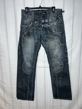 883 Police Men’s Jeans Embroidery Black Jeans Size 32x32 Rare Strap Extra Pocket