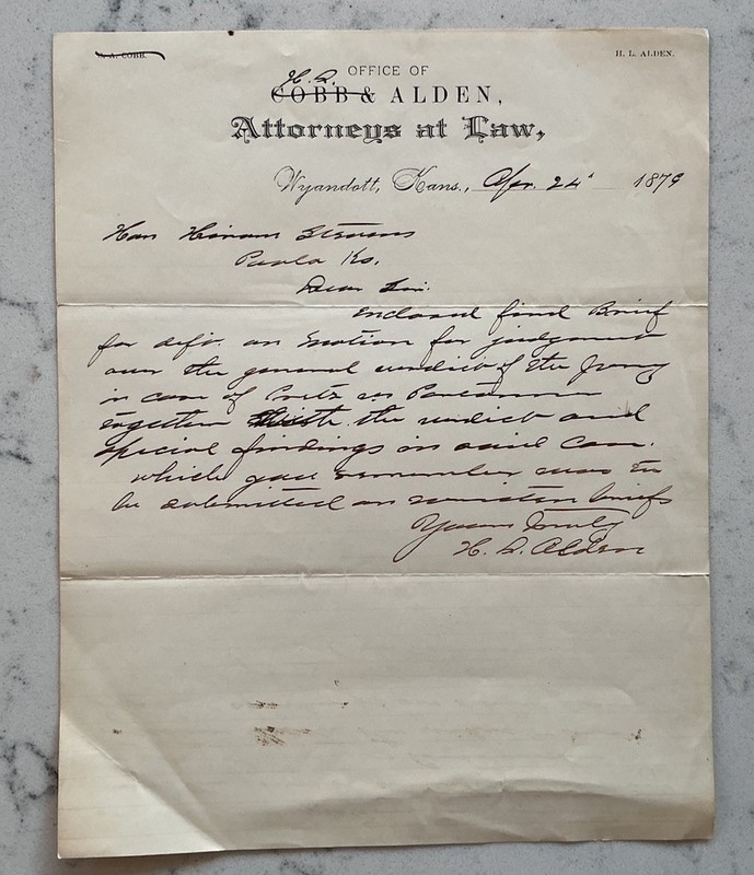 ANTIQUE DOCUMENT COBB & ALDEN LEGAL ATTORNEY LAWYER WYANDOTT KANSAS LETTER 1879