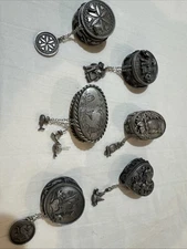 Set Of 6 Vintage Torino Pewter Earrings, Necklace Brooch Trinket Box