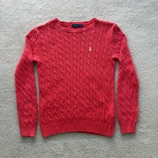 Polo Ralph Lauren Women's Sweater Cable Knit Large Pink Cotton Long Sleeve Logo