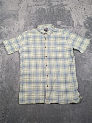 Patagonia Seer Sucker Shirt Mens Large Green Blue Plaid Organic Cotton
