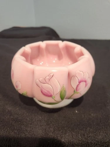 FENTON 2014 RARE ONE OF A KIND KIM BARLEY PINK BOWL VASE w/ FLORAL DESIGN
