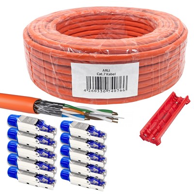 ARLI 50m Netzwerkkabel Cat7 + 10 x Rj45 Cat8.1 Stecker Netzwerk Werkzeug Messer