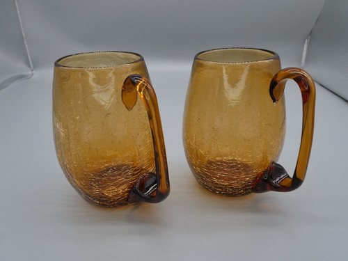 2 Brown Crackle Blown Art Glass 16oz Mugs Cups Amber Handled Glasses Vintage 5" - Picture 4 of 15