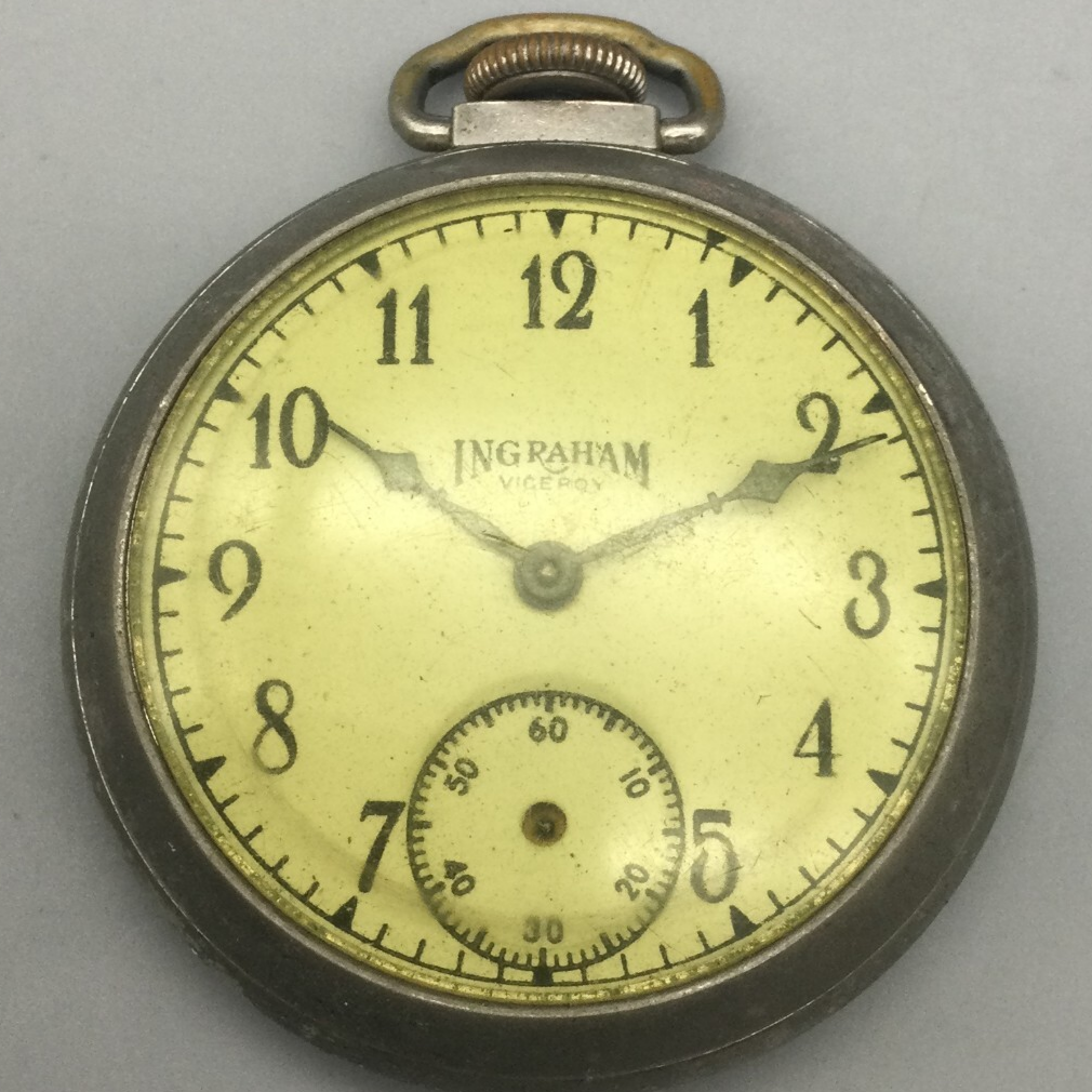Vtg Ingraham Viceroy Dial Pocket Watch Silver Tone Cream Dial FOR