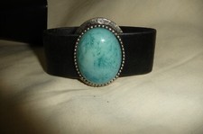 A 1123X vtg BRACELET FAUX LEATHER SILVER TONE w Lrg BLUE STONE 1 1/2 SLIDE