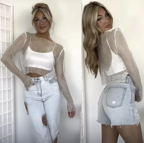ZARA GREY SILVER SLIM RHINESTONE APPLIQUE SHORT MESH FISHNET SPARKLY CROP TOP - Picture 5 of 24