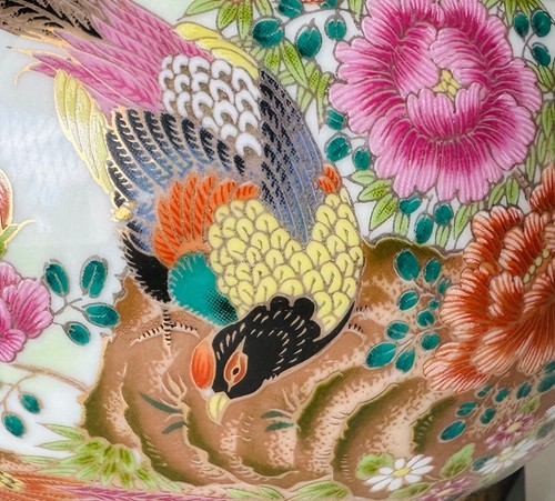 Rare Polychrome Chinese Vase  Gamebirds, Peonies, Inscriptions & Artist Signed - Picture 7 of 9